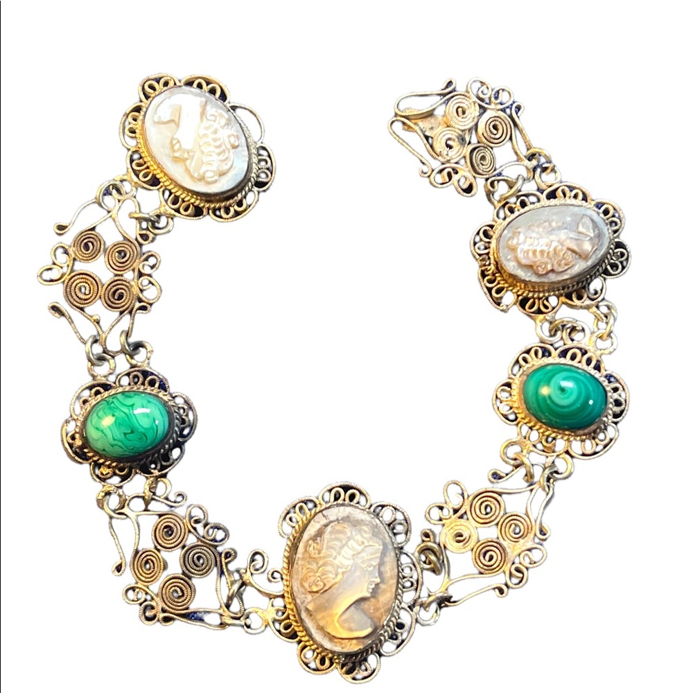Antique Abalone Cameo Wire work Filagree Green Murano glass Italy Bracelet - Picture 4 of 10